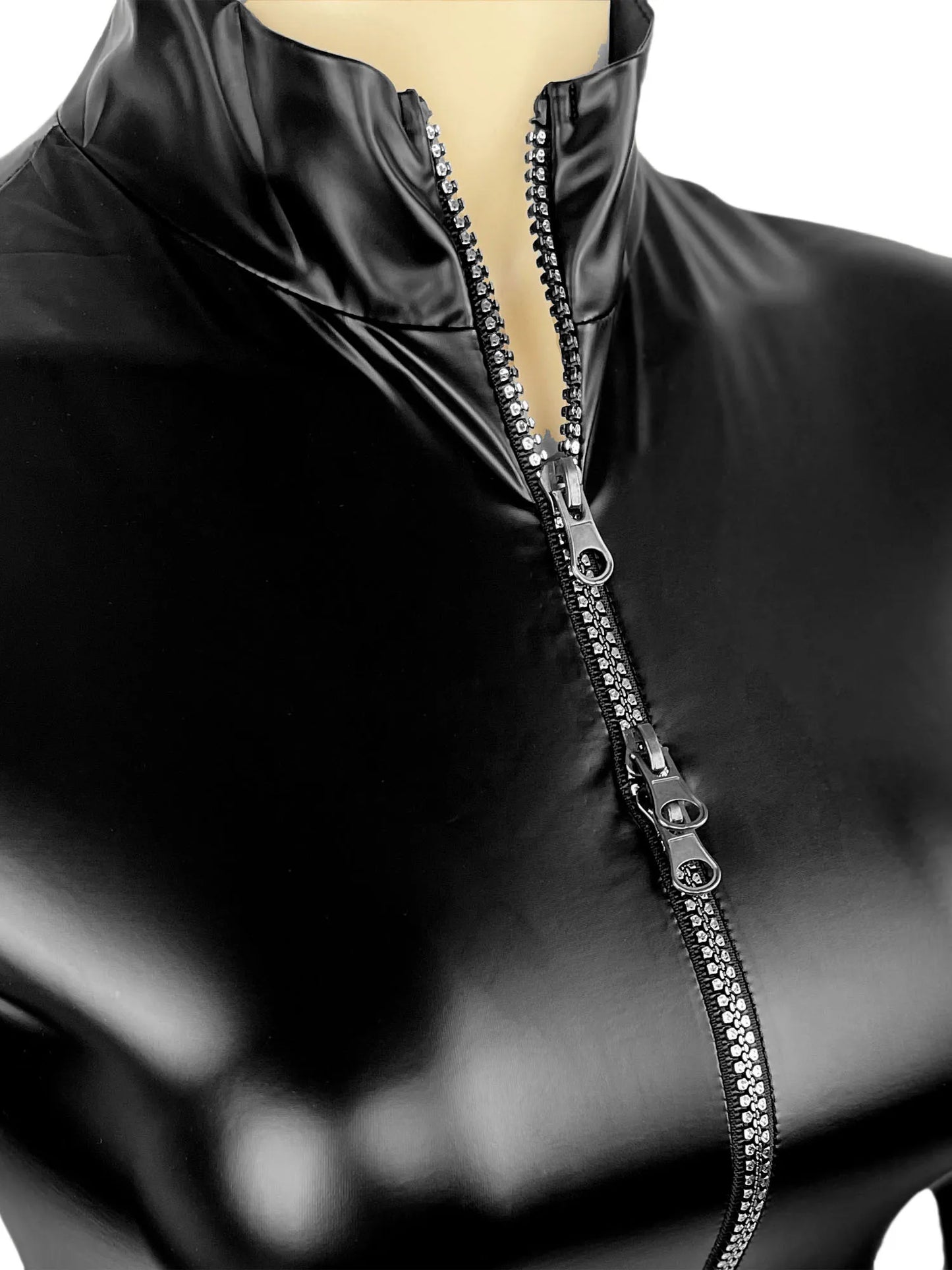 Womens Sexy Leather Bodysuits Tops Mock Neck Long Sleeve Leotard Front Double-end Zip Crotch One-piece Catsuit Jumpsuit Clubwear
