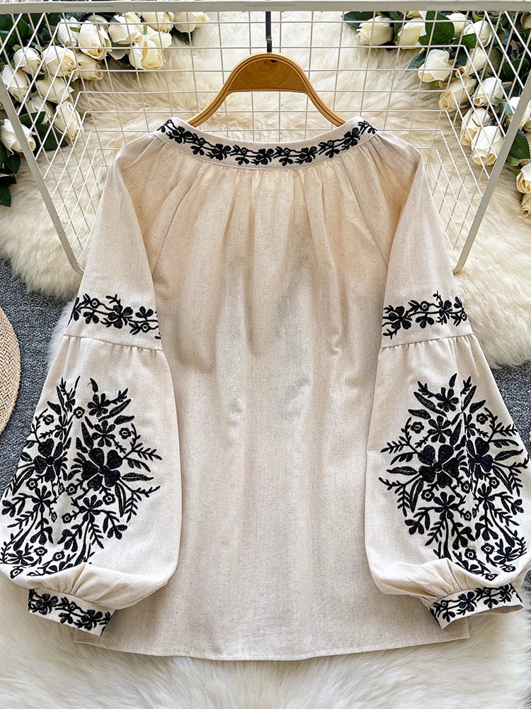 Women Bohemian Blouse Embroidered Lace Up V- Neck Lantern Sleeve Blouse Autumn Embroidery Linen-cotton Blend Female Top D78