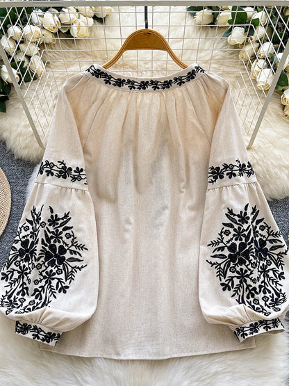Women Bohemian Blouse Embroidered Lace Up V- Neck Lantern Sleeve Blouse Autumn Embroidery Linen-cotton Blend Female Top D78