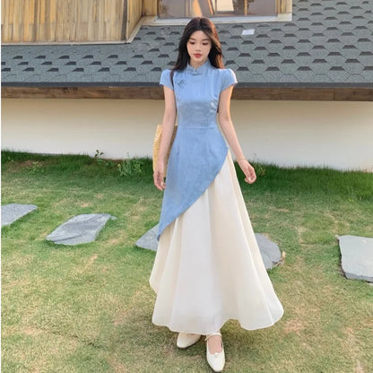 plus Size New Chinese Embroidered Short Sleeve Dress Women's Summer Soft Waist Cinching  Long Dress Commute Style