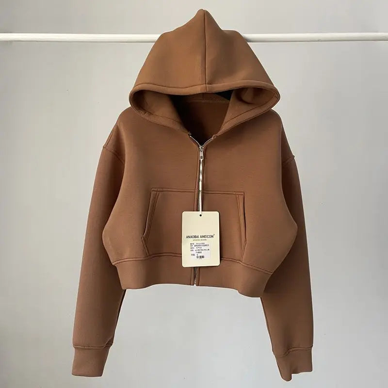 Trendy American Hot Girl  Color Air Layer Loose Hoodie Women Spring Autumn Sports Belly Short Top Polyester Spandex