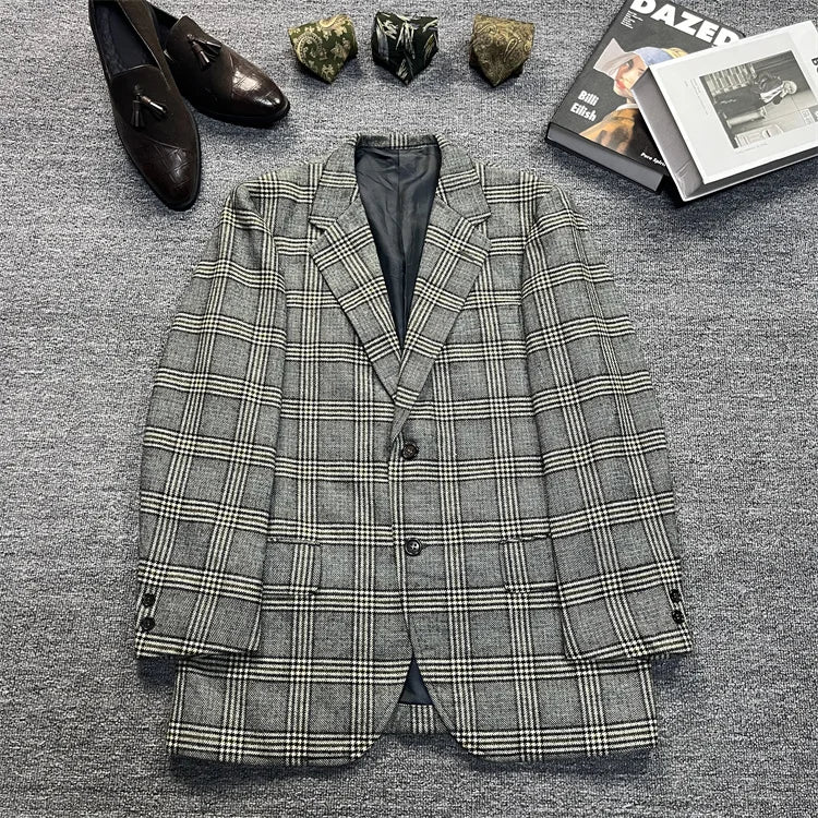 Vintage Unisex Woolen Suit Jacket Simple Casual Plaid Retro Style Warm Windproof Interview Commuting Business Casual Wear
