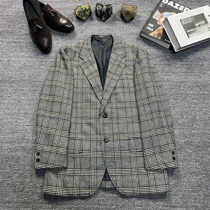 Vintage Unisex Woolen Suit Jacket Simple Casual Plaid Retro Style Warm Windproof Interview Commuting Business Casual Wear