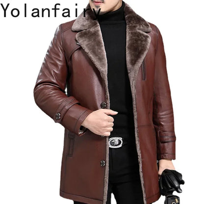 YOLANFAIRY Natural Leather and Fur Jackets for Men Midium Pure Sheepskin Genuine Leather Jacket Lapel Mens Winter Coat Thick 6XL
