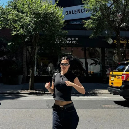 Tank Polo Collar Short-Sleeve T-Shirt, Slim-Fit Waist-Cinching Style, Slimming Hot Girl Style Crop Top, High-Elastic Slim-Fit Waist-Cinching Polo Shirt, Hot Girl Style for Layering or Wearing Alone