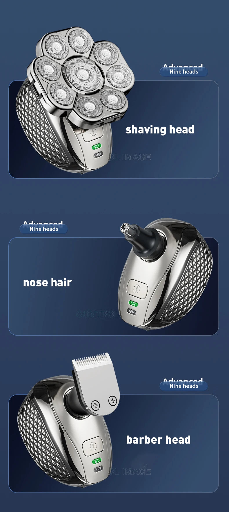 Men's Bald Head Electric Shaver 9 Blades Floating 6In1 Heads Beard Nose Ear Hair Trimmer Clipper Facial Brush Rechargeable Razor
