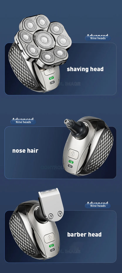 Men's Bald Head Electric Shaver 9 Blades Floating 6In1 Heads Beard Nose Ear Hair Trimmer Clipper Facial Brush Rechargeable Razor