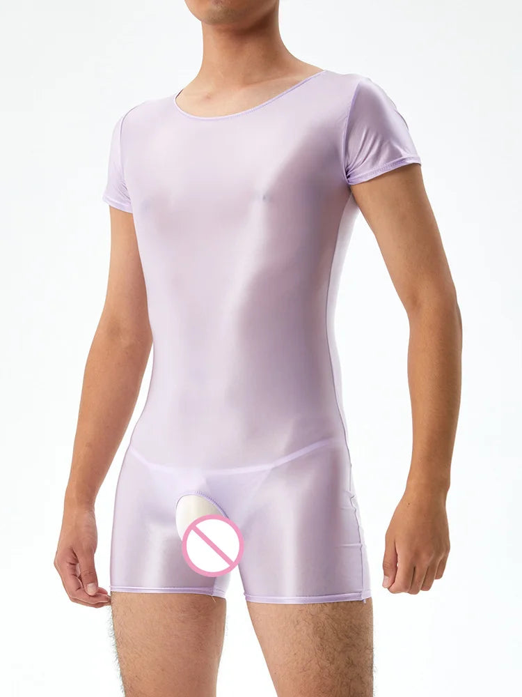 Men's Crotchless Bodysuit Stain Oil Shiny Tights Sheer See Through Yoga Shaping Leotard Elastic Sexy Exotic Tops Candy Color