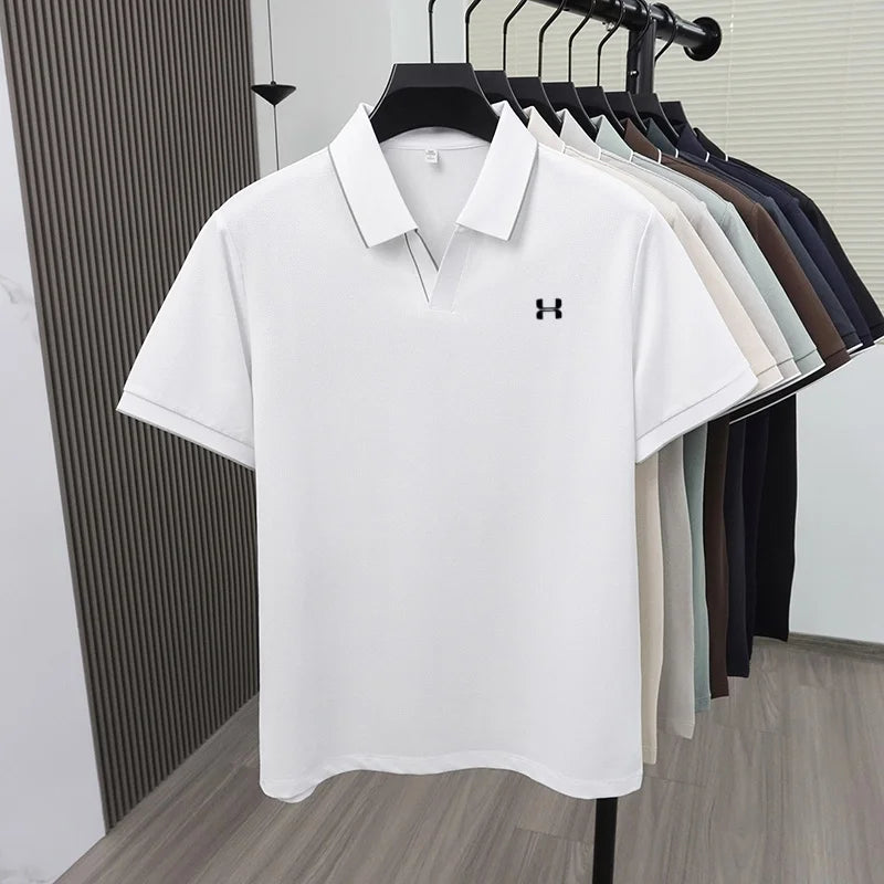 New Summer Men Striped Trim Collar Polo Shirt, Solid Quick Dry Breathable Plain Short Sleeve Top Mens Apparel