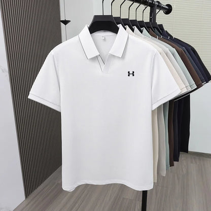 New Summer Men Striped Trim Collar Polo Shirt, Solid Quick Dry Breathable Plain Short Sleeve Top Mens Apparel