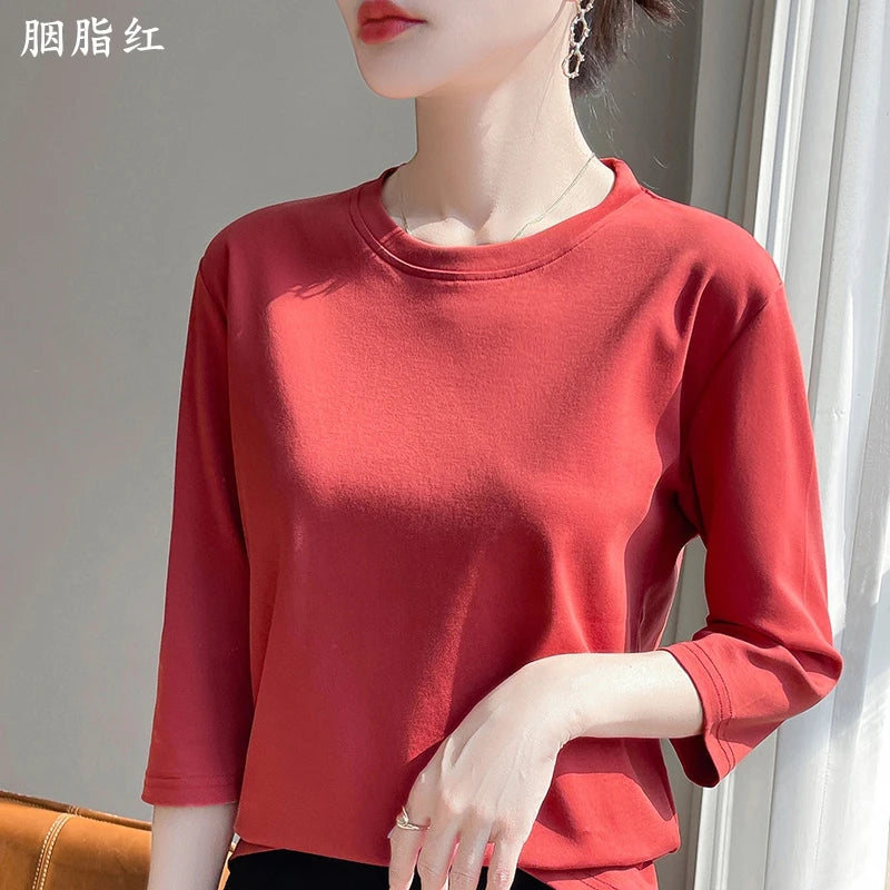 Summer Cotton Short-Sleeved T-Shirt Women's Round Neck Seven-Point Sleeves Loose Mercerized Cotton Half-Sleeve Shirt New T-shirt