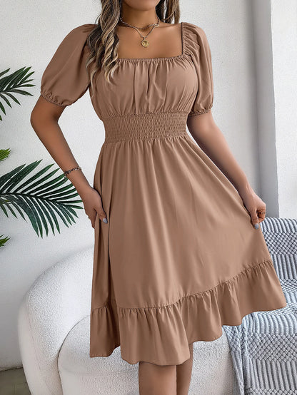 2024 New Fashion Solid Puff Sleeve Square Neck Ruched Bust Ruffle Hem Wasit Dress, Women's Clothing