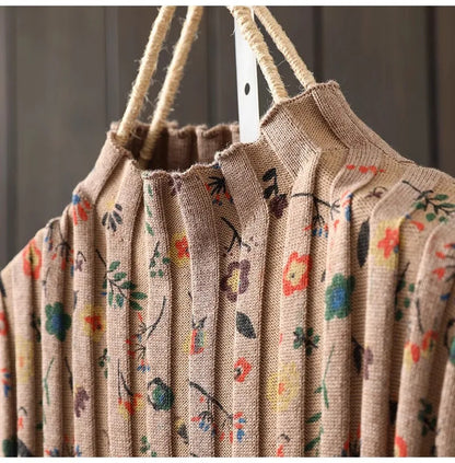 Retro Print Loose Knitted Dress Half High Collar Base Layer Skirt Autumn Winter Long Straight A-Line Dress for Women