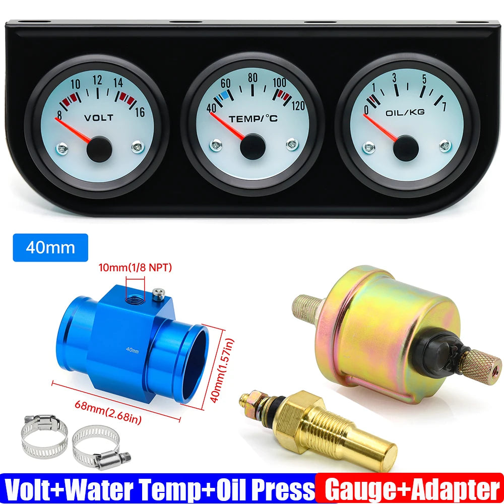 3IN1 Triple Meter Kits Gasoline Car 12V 52mm Voltage+Water Temp+Oil Pressure Gauge with Sensor Radiator Hose Adapter 26MM-40MM