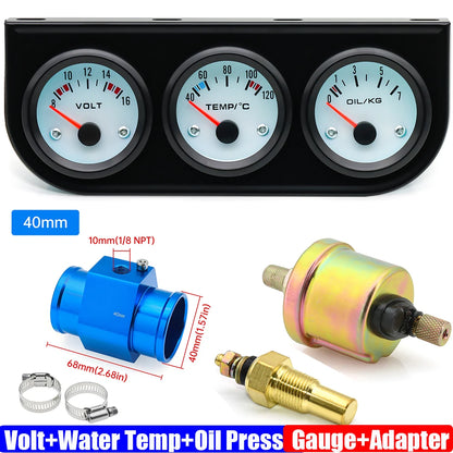 3IN1 Triple Meter Kits Gasoline Car 12V 52mm Voltage+Water Temp+Oil Pressure Gauge with Sensor Radiator Hose Adapter 26MM-40MM