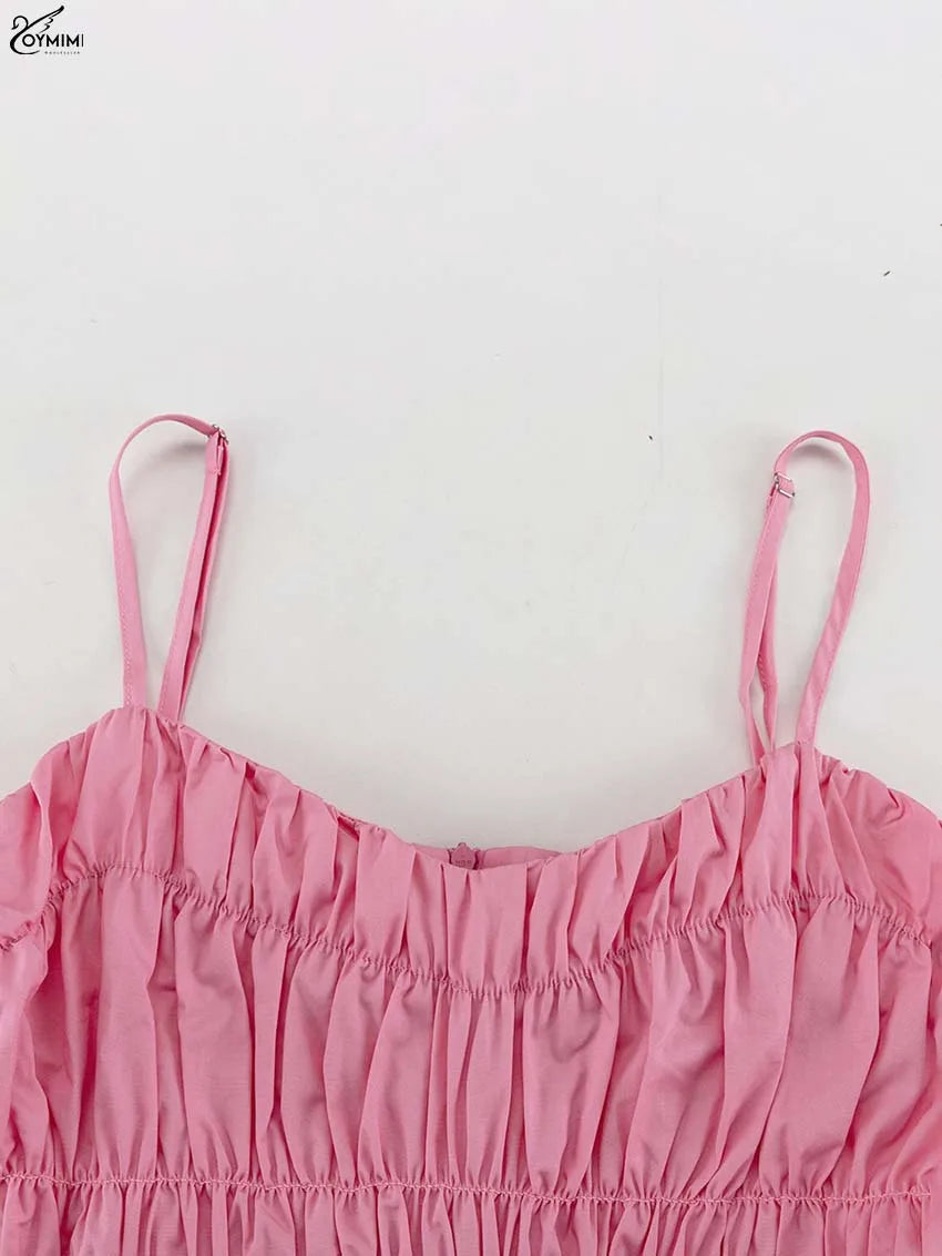 Oymimi Fashion Pink Cotton Women's Dress Elegant Spaghetti Strap Open Back Solid Dresses Casual High Waist Ankle-Length Dresses