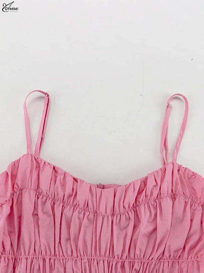 Oymimi Fashion Pink Cotton Women's Dress Elegant Spaghetti Strap Open Back Solid Dresses Casual High Waist Ankle-Length Dresses