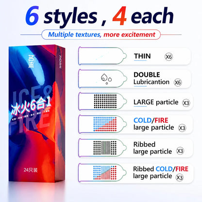 Mingliu 24pcs Condoms Mixed Variety Pack Ultra Thin Ribbed Dotted Hot Cold Sensation Latex Safe Protection Adult Products