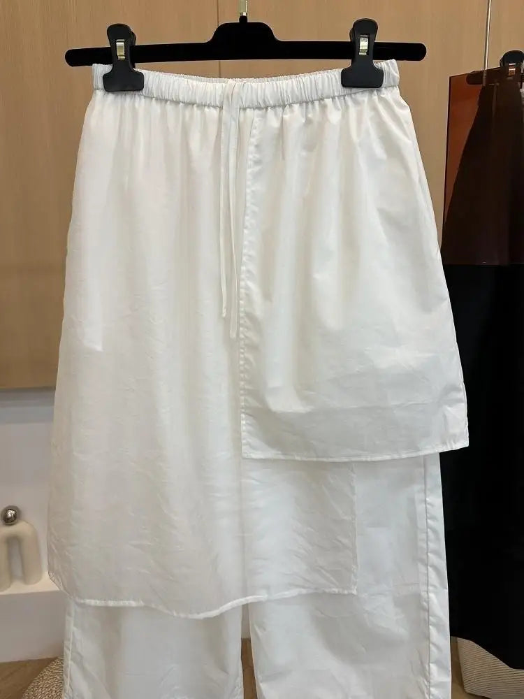 Summer European Style Women Two-piece Spliced Pants High Waist Loose Straight Leg Cropped Trousers Design Slim Casual Pants