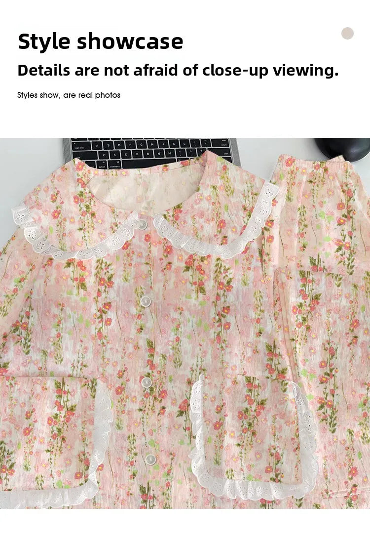 Cloud Cotton Sleepwear Set for Women Casual Spring Autumn Long Sleeve Long Pants Home Clothes  Plant Floral Print