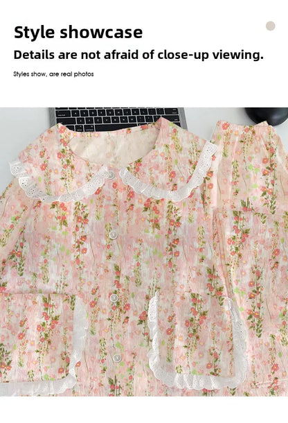 Cloud Cotton Sleepwear Set for Women Casual Spring Autumn Long Sleeve Long Pants Home Clothes  Plant Floral Print