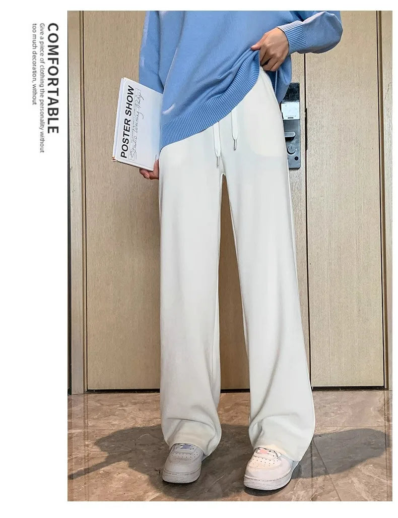 plus Size Women's Casual High Waist Thin Wide Leg Pants Spring Autumn Straight Cut Long Trousers Comfortable Slimming Effect