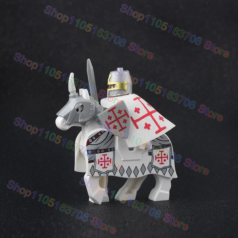 MOC Medieval Military Crusader Knight Building Blocks Castle Army Soldier Figure Horse Mount Shield Sword Accessories Bricks Toy