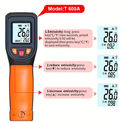 NJTY T600T600A Laser Temperature Gun Infrared Thermometer Sensor Handheld Non-contact IR LCD Industrial Pyrometer Digital 600 °C