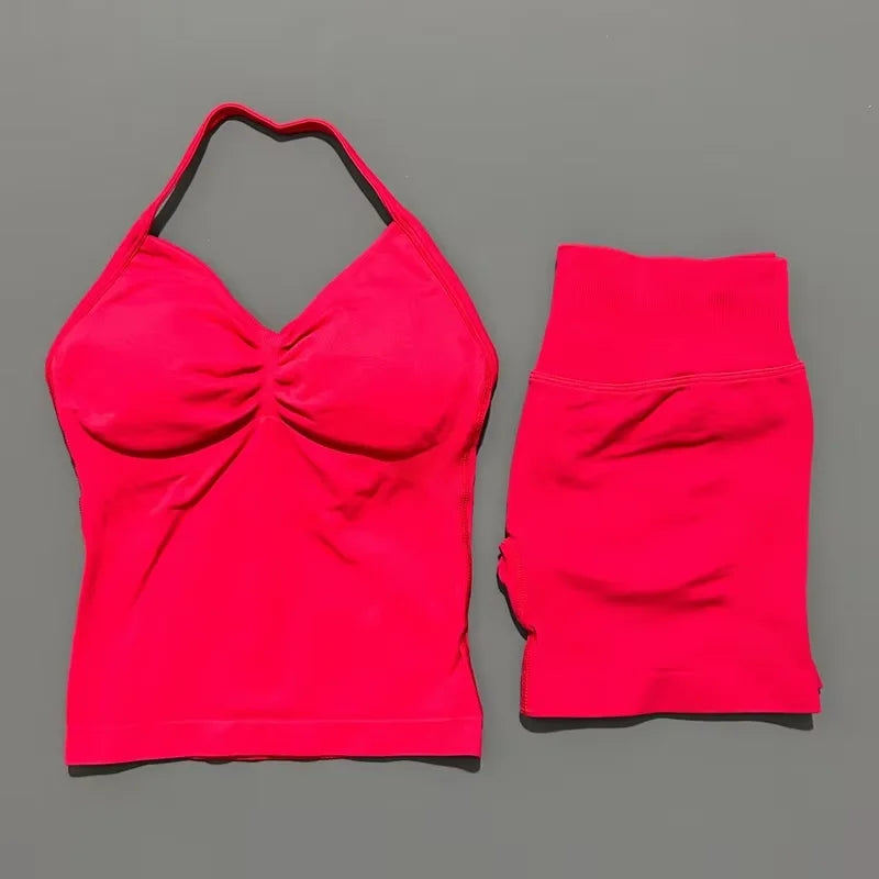 HISTELLO 2 Pieces Sports Set Women Yoga Longline Strap Top Scrunch Seamless Shorts Sport Gym Set Sportswear Workout Fitness Set