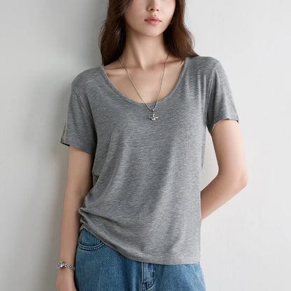 Women Lyocell T Shirt U Neck Short Sleeve Summer Slim Fit Basic Casual Top