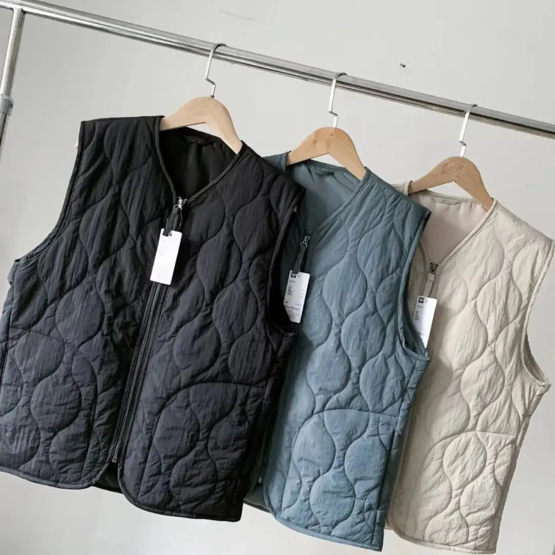 Waterproof Hemp Cotton Vest Gourd Shaped Quilted Men's Warm Thin Cotton Vest Couple's Winter Fashion Standard Fit V-Neck Zipper