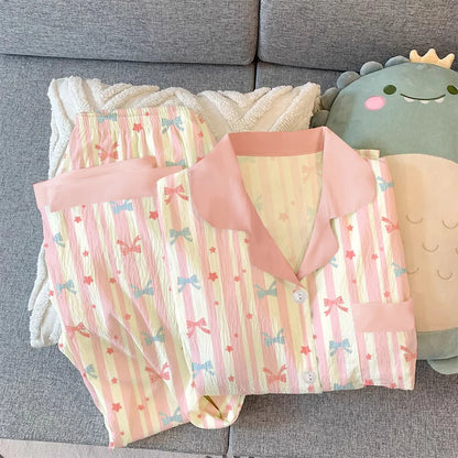 Girls Stripe Sleepwear Women's  Knot Star Long Sleeve Long Pants Korean Style Sweet Crepe Home Clothes Set