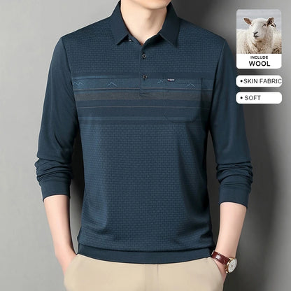 Luxury Wool Blend Fabric Men's Long Sleeve Polo Soft Touch For Father Years Classic Business Staple With Utility Focus