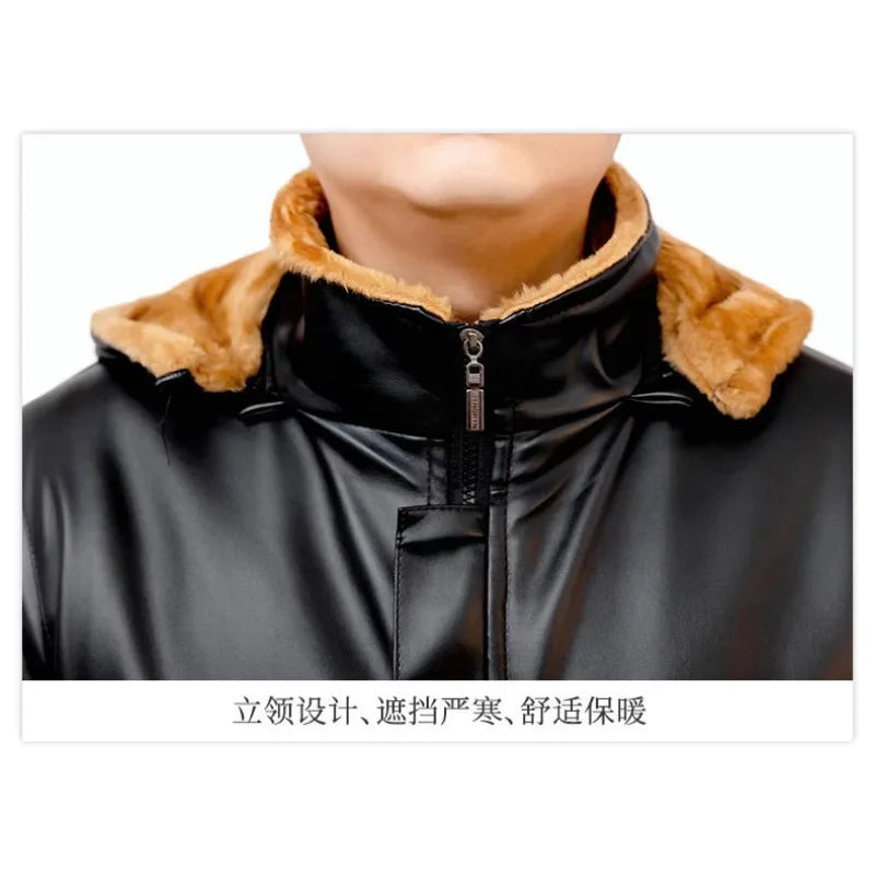 Luxury Black Leather Jacket Wool Lining Warm Men's Clothing Casual Hooded Jacket PU Leather Coats Windproof Outerwear New Chic
