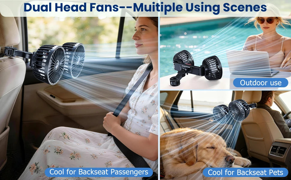 Eary Car Back Rear Seat Dual Head Fan 3 Speeds 360°Rotatable Air Cooling Headrest Fan Portable Summer Auto Van Truck Accessories