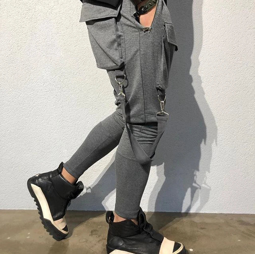 Mens Running Stretch Tights Sweatpants Sports Breathable Fitness Hip Hop Cotton Multi Pocket Cargo Pants Slim Leggings Chain