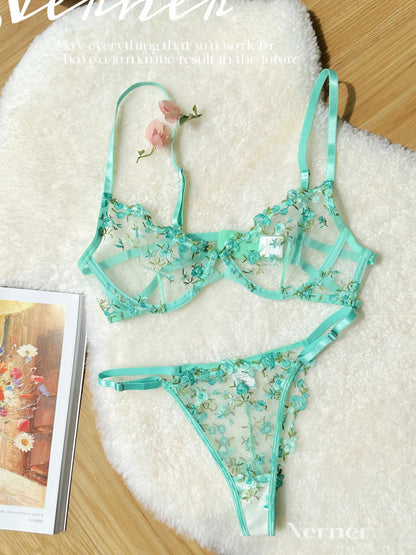 Pure & Sexy Japanese Lingerie Set, Pink Floral Tulle with Embroidery, Harajuku Style Aesthetic Set BANERDANNI Sexy Panty &Tusjy