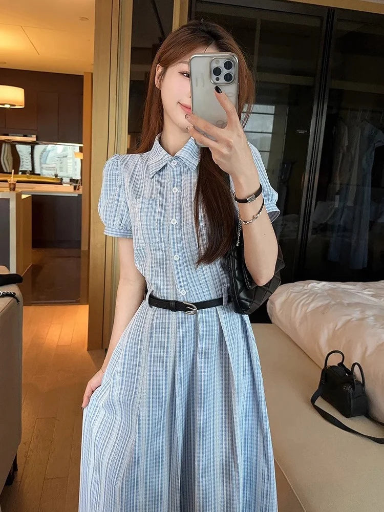 Gentle Wind Beautiful Blue Shirt Dress Women's Summer High-End Waist-Cinching Student Long Skirt Elegant Short Sleeve Knitted...
