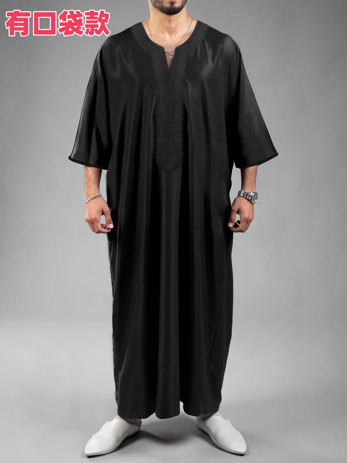 2026 New Model Men's Clothing With Embroidered Mid-sleeves And Side Pockets Robe Abaya Ramadan Dubai Luxury Islam Elegant