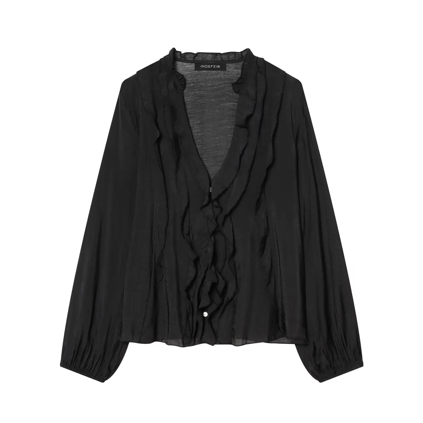 HH Women Elegant Fashion Polka Dot Ruffled Blouse V Neck Long Sleeve Shirt Summer Translucent Thin Tops High Street Chic Shirts