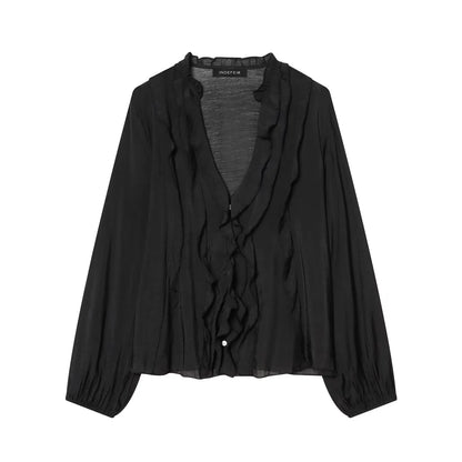 HH Women Elegant Fashion Polka Dot Ruffled Blouse V Neck Long Sleeve Shirt Summer Translucent Thin Tops High Street Chic Shirts