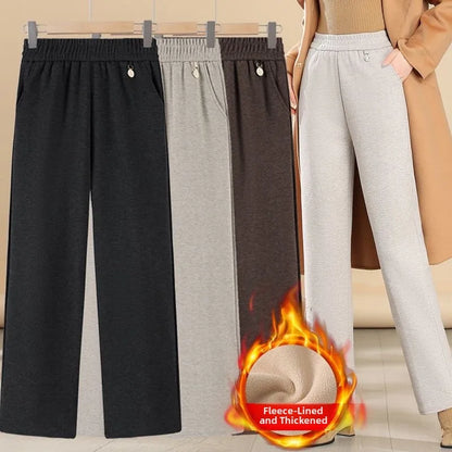 High Waist Thickened Fleece Lined Woolen Pants for Mom Casual High Waist Wide Leg Trousers Spring Autumn Winter Style