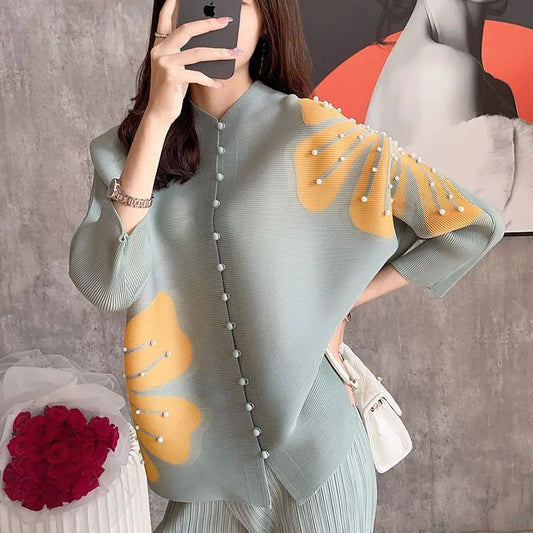 Women's Clothing Miyake Pleats Fashion Cardigan Top Summer Style Loose Fit Batwing Sleeves Printed Shirt Winter Clothes Women