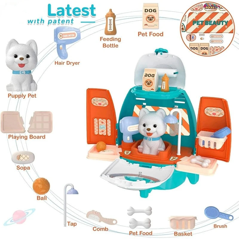 Pet Cat Dog Carrier Backpack Toy, 18PCS Pet Care Playset,Vet Clinic and Doctor Kit for Kids, Pet Veterinarian Medical Role Play
