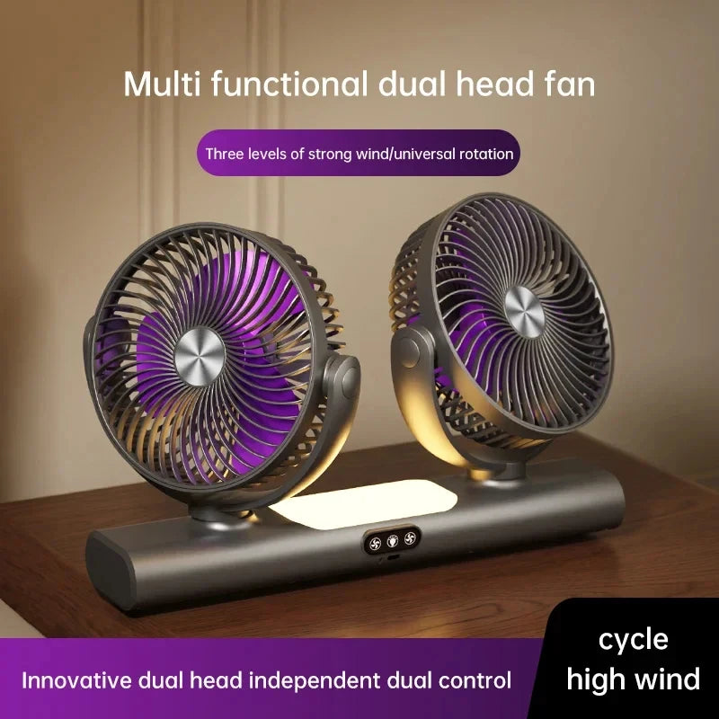 Rechargeable 3 Speed Desk Fan with Light, Dual Head Air Circulation Fan, Type-C Charging, Multi-Mount Portable Air Circulator