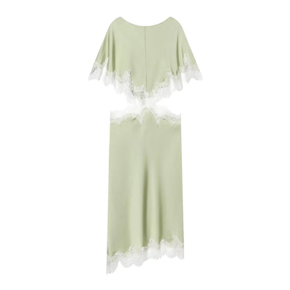 New Women Sexy Cut Out Dresses Solid Lace Spliced Short Cape Sleeve Asymmetric Midi Dresses Summer Ladies Elegant Party Dress