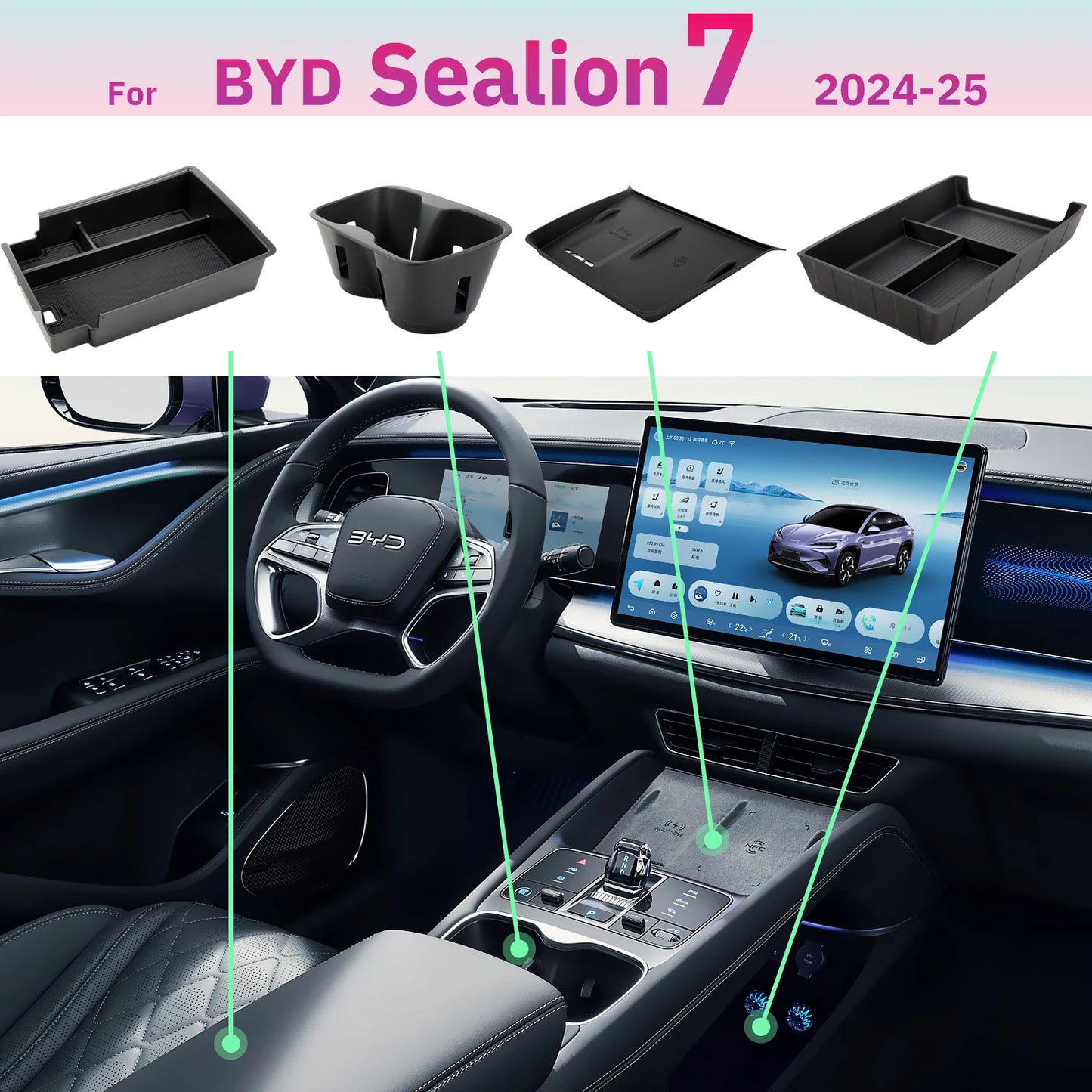 For BYD Sealion 07 2024 2025 Armrest Storage Box Center Console Layered Storage Box Cup Holder Modification Interior Accessories