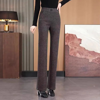 Women's Woolen Flared Pants High Waist Elastic Polyester Fiber Warm Casual Trousers for Autumn Winter 2025 New Style