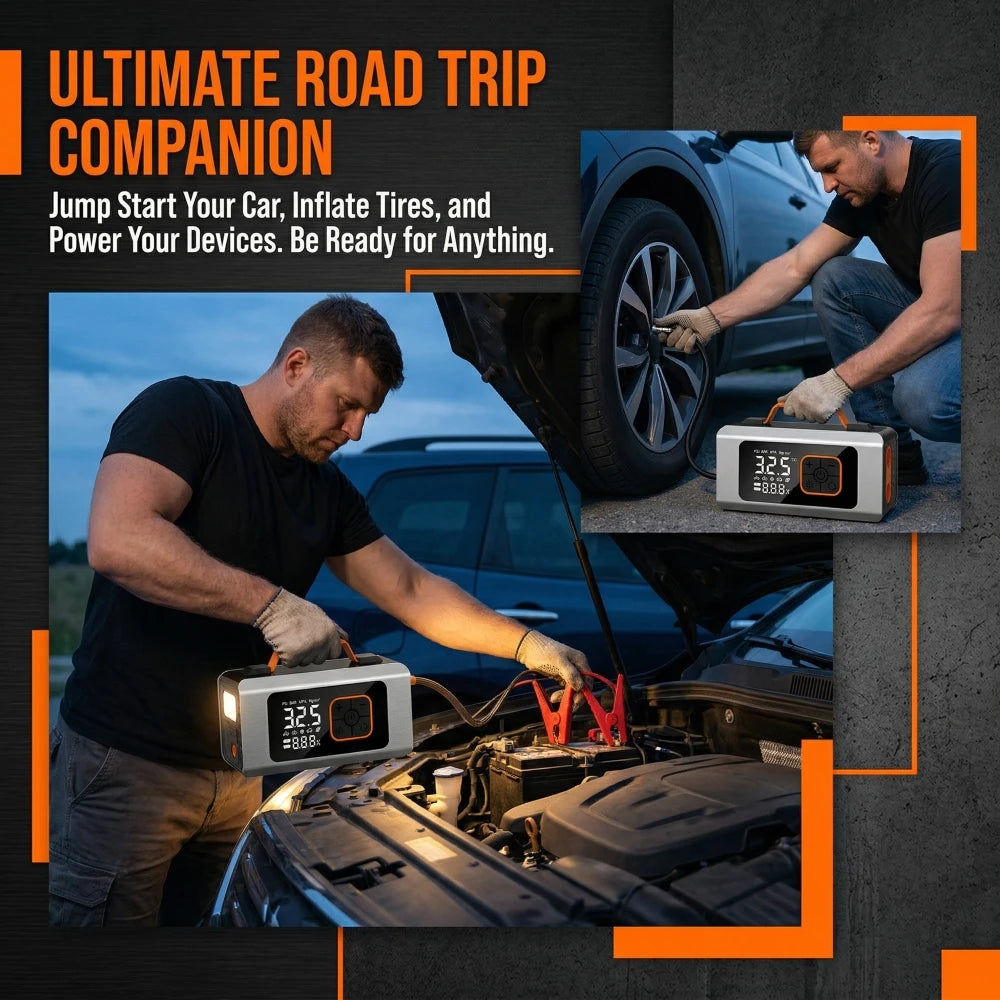 800A FHKJ 5-in-1 Car Jump Starter Air Pump Compressor Power Bank Starting Device Portable Battery Boosters Roadside Emergency