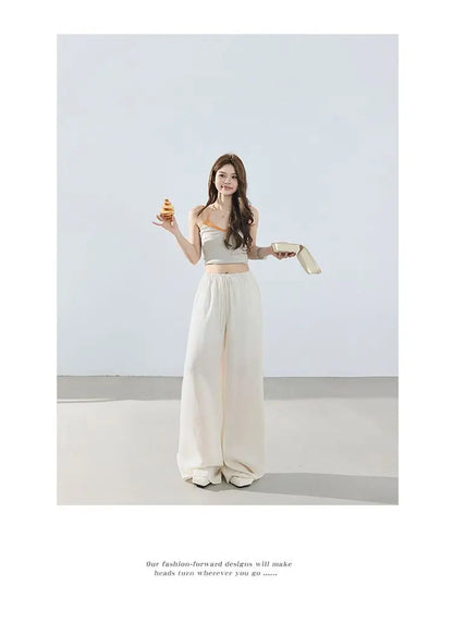 Loose wide-leg pants, classic style, drapey floor-length with drawstring, versatile thin linen straight casual pants for women